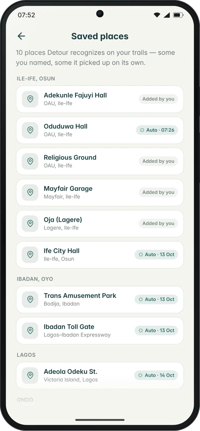 Saved places grouped by city