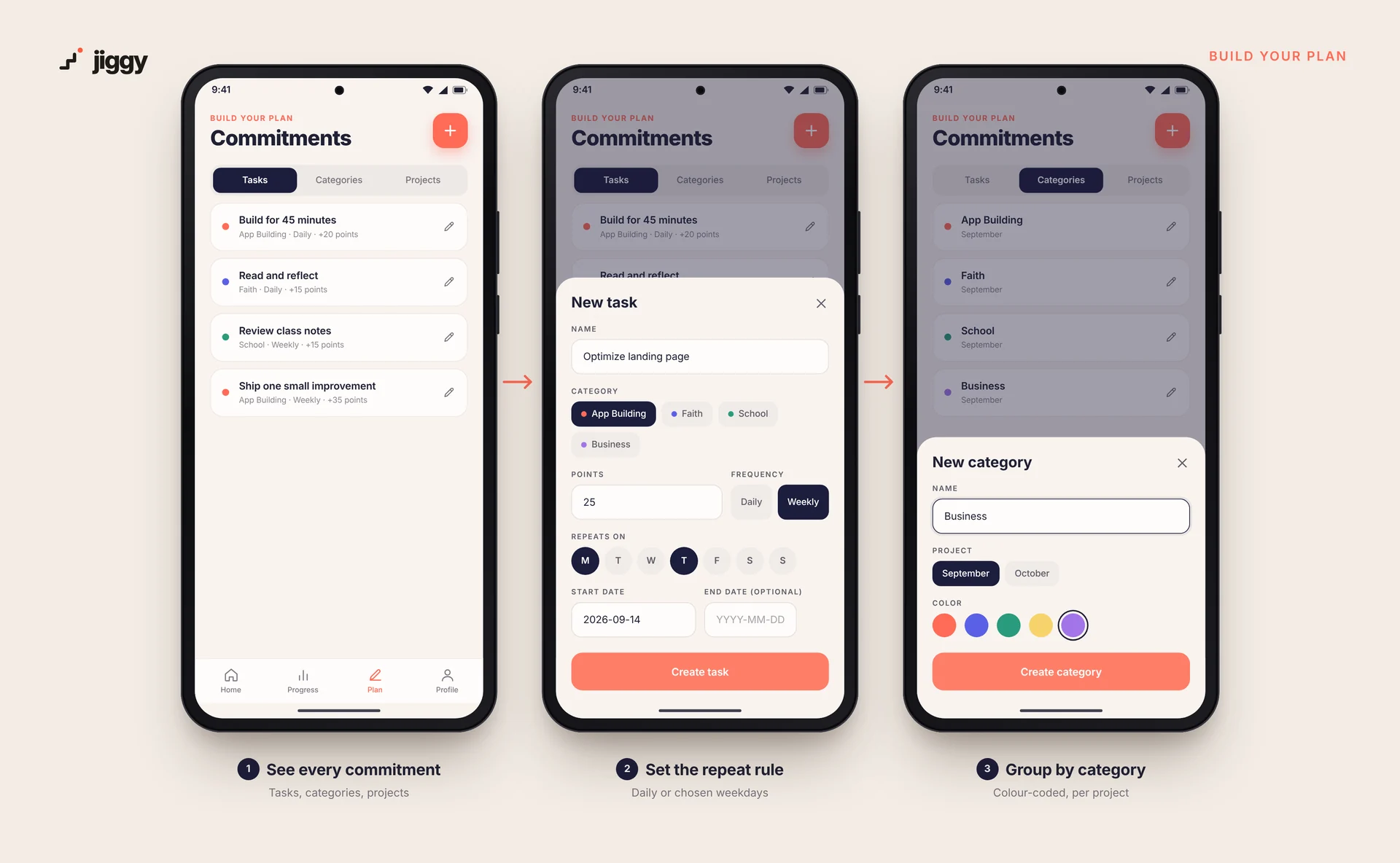 Planning tasks and categories