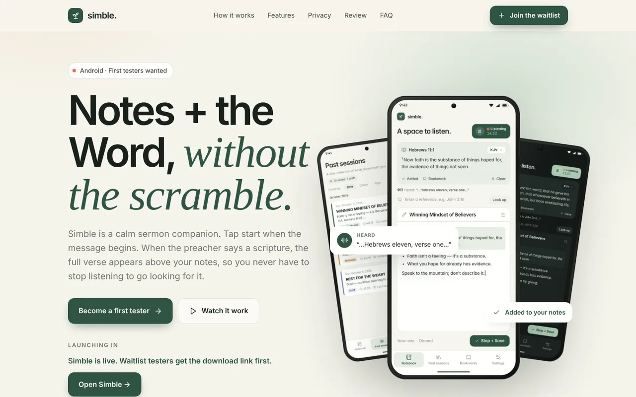 Simble app landing page