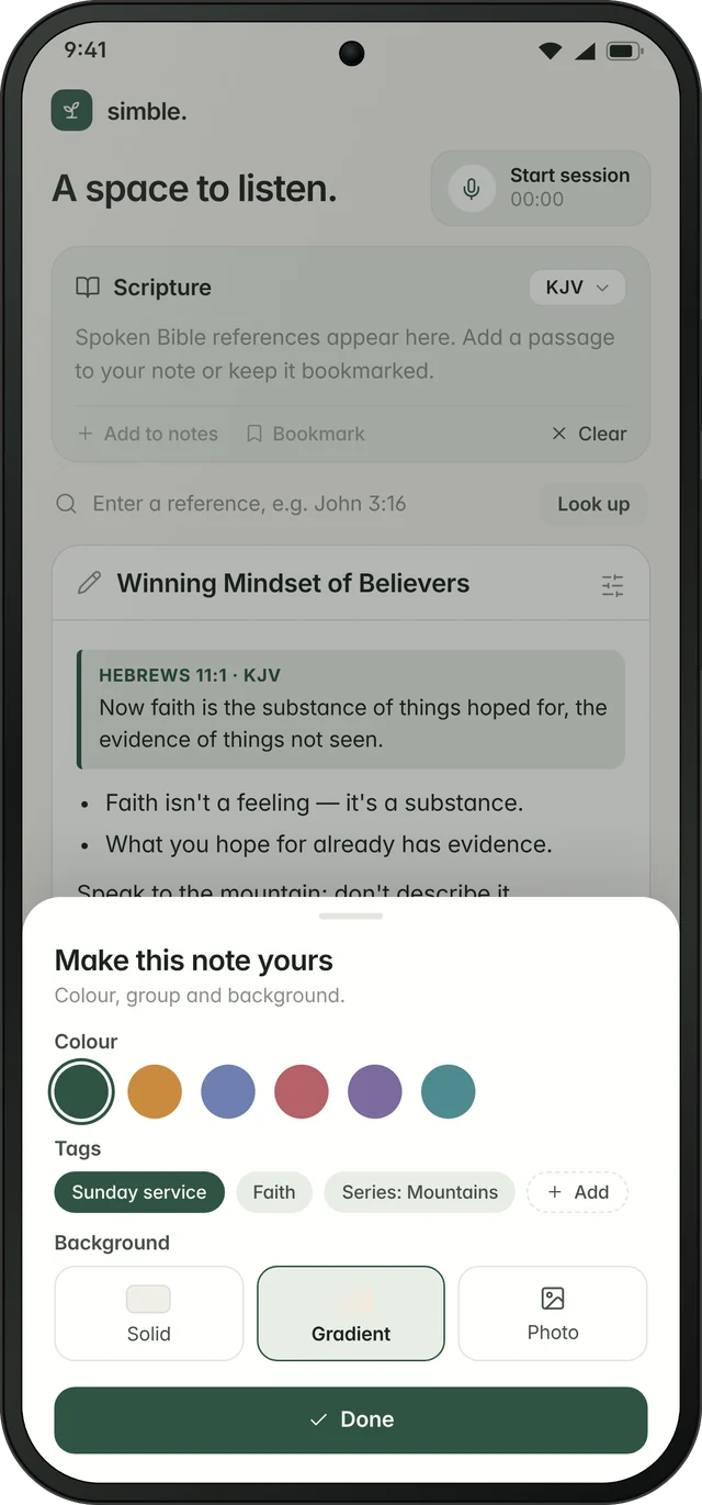 Note colour, tags and background sheet